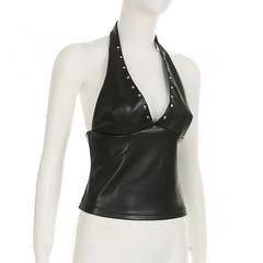 Halter zip-up PU leather v neck top