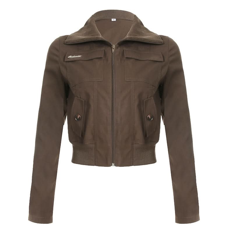 Turnover collar long sleeve zip-up pocket top
