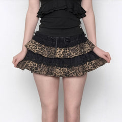 Leopard print A line lace ruched mini skirt
