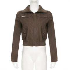 Turnover collar long sleeve zip-up pocket top