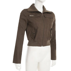 Turnover collar long sleeve zip-up pocket top