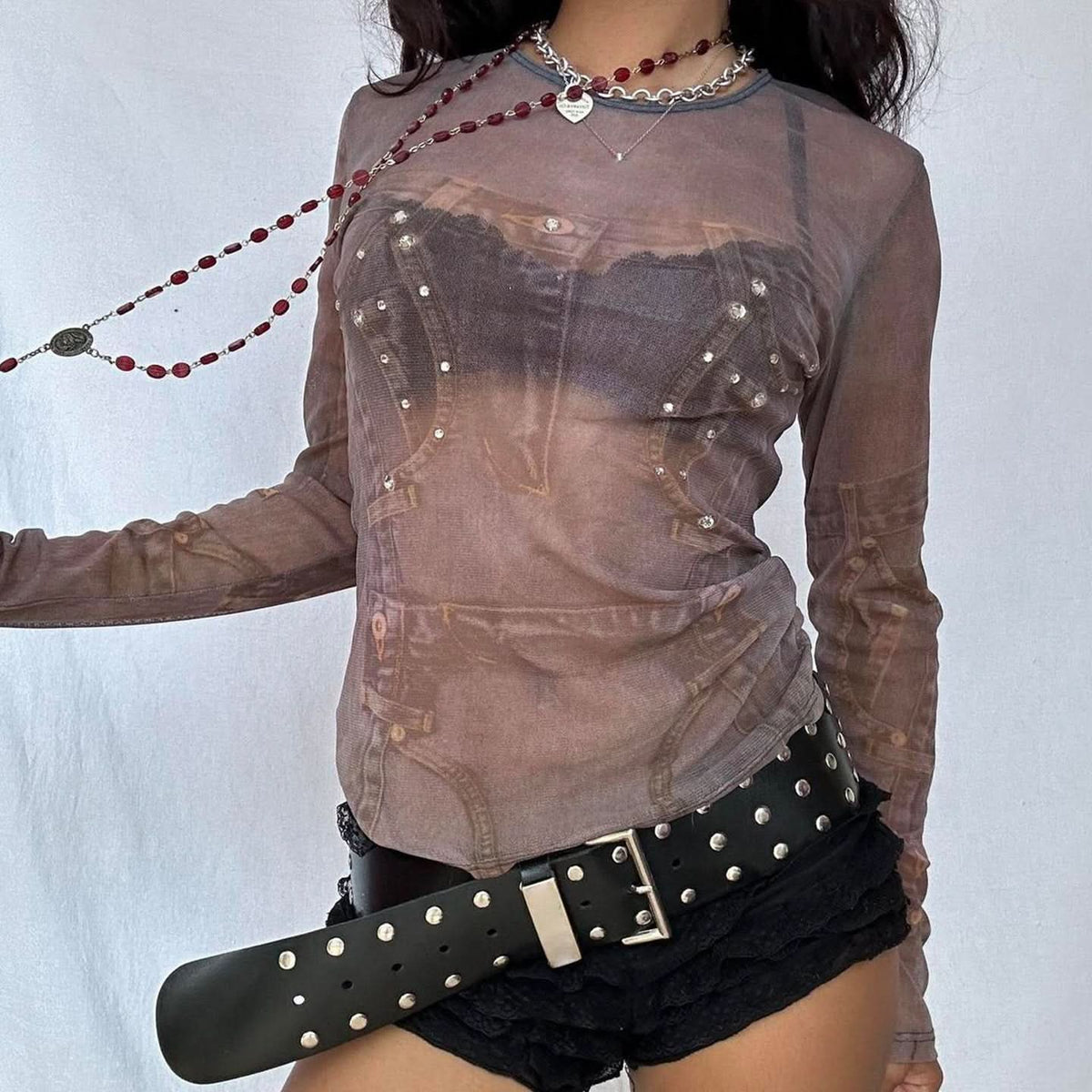 Long sleeve crewneck mesh print top
