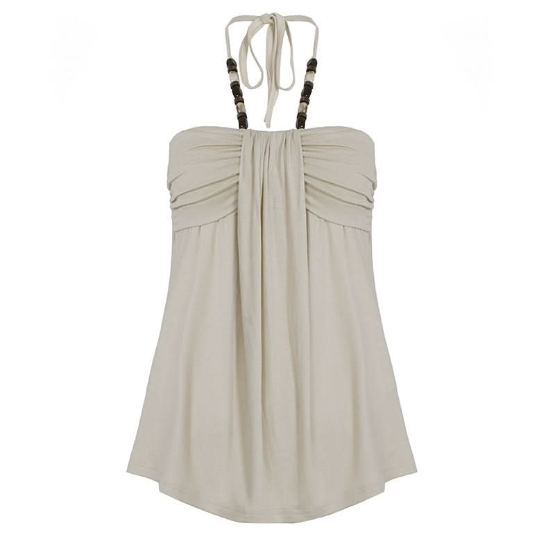 Halter beaded ruched self tie top