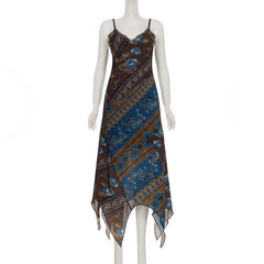 V neck lace hem print irregular cami maxi dress