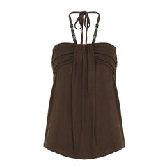 Halter beaded ruched self tie top
