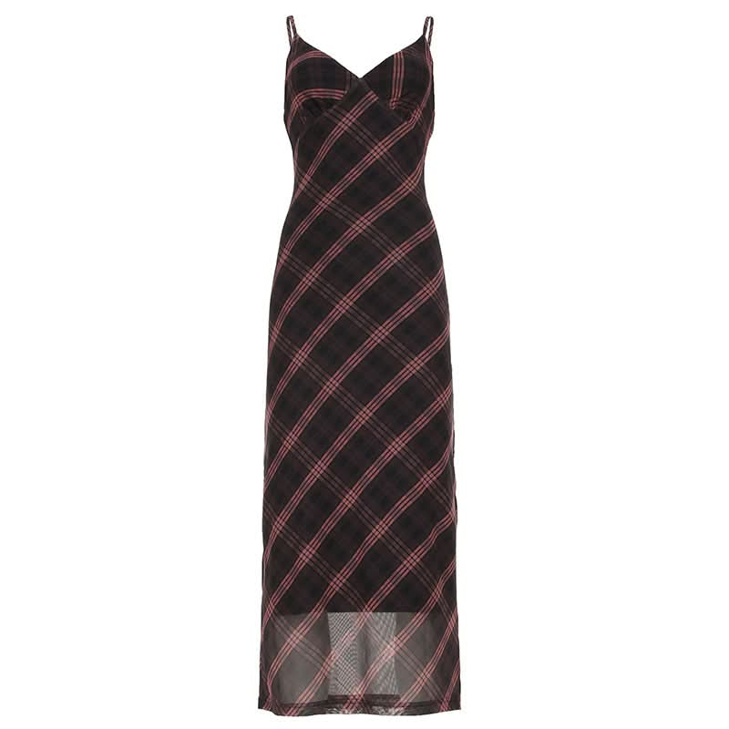 V neck plaid print mesh cami maxi dress