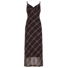V neck plaid print mesh cami maxi dress
