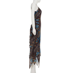 V neck lace hem print irregular cami maxi dress