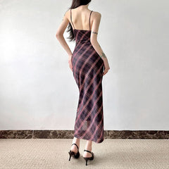V neck plaid print mesh cami maxi dress