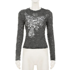 Long sleeve crewneck abstract textured top