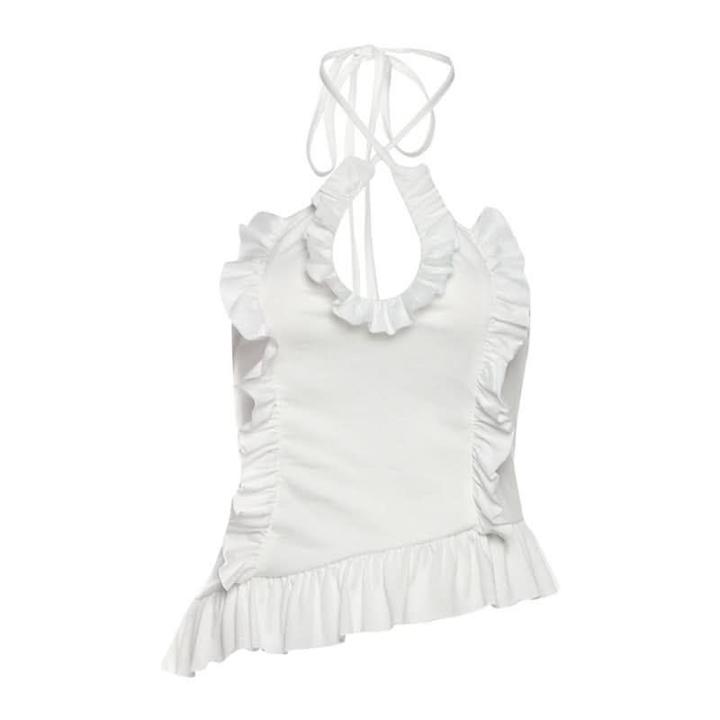 Cross front ruffle irregular halter self tie top