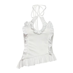 Cross front ruffle irregular halter self tie top