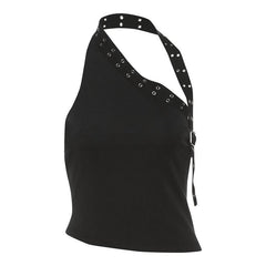 Halter irregular buckle solid backless top