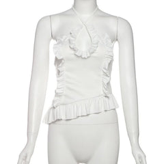 Cross front ruffle irregular halter self tie top