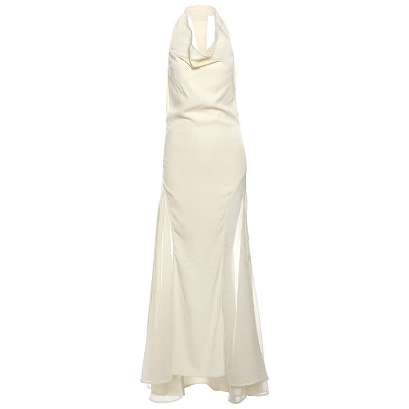 Cowl neck zip-up backless solid maxi dress
