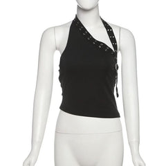Halter irregular buckle solid backless top