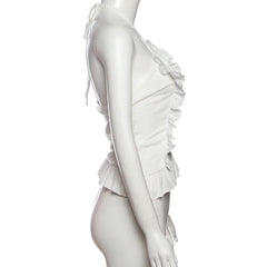 Cross front ruffle irregular halter self tie top
