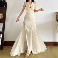 Cowl neck zip-up backless solid maxi dress