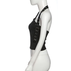 Halter irregular buckle solid backless top