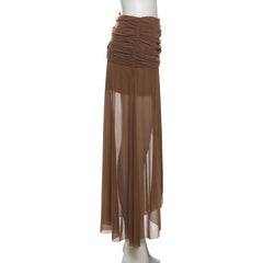 Ruched irregular mesh solid maxi skirt