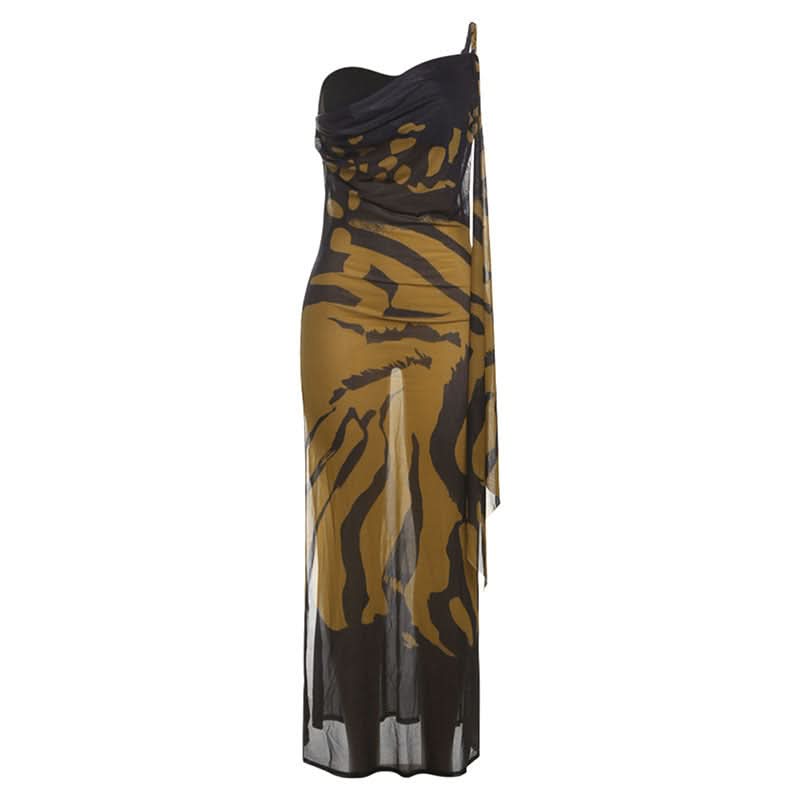 One shoulder print slit irregular mesh maxi dress