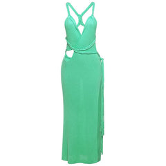 Hollow out v neck slit irregular cami cut out maxi dress