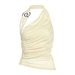 Halter ruched irregular mesh backless top