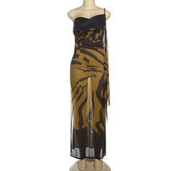 One shoulder print slit irregular mesh maxi dress