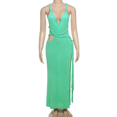 Hollow out v neck slit irregular cami cut out maxi dress