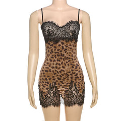 Leopard print lace hem v neck cami mini dress