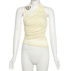 Halter ruched irregular mesh backless top