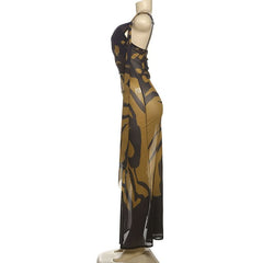 One shoulder print slit irregular mesh maxi dress