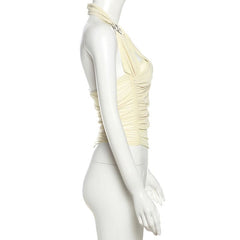 Halter ruched irregular mesh backless top