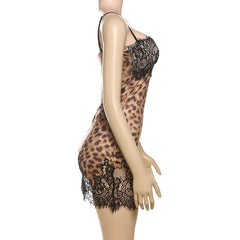 Leopard print lace hem v neck cami mini dress