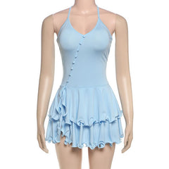 Ruffle halter self tie v neck button mini dress