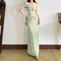 Ruched lace one shoulder irregular maxi dress