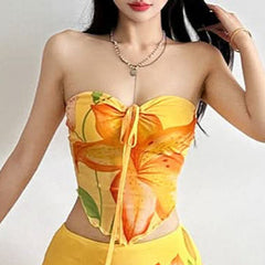 Hollow out self tie flower print ruffle tube cut out top