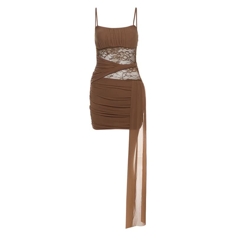 Ruched lace irregular u neck cami mini dress
