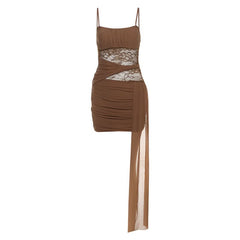Ruched lace irregular u neck cami mini dress