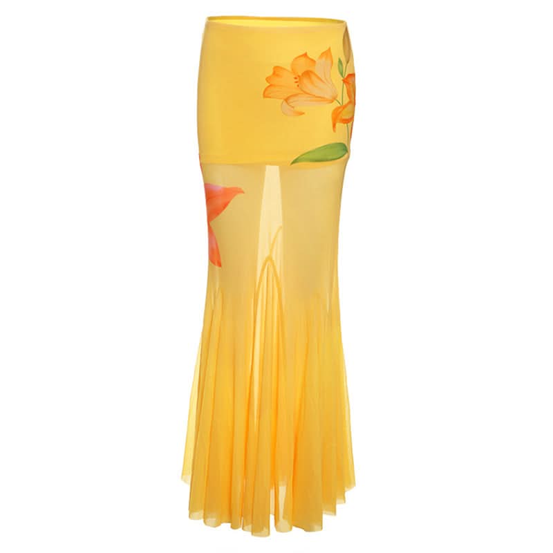 Ruched flower print mesh maxi skirt