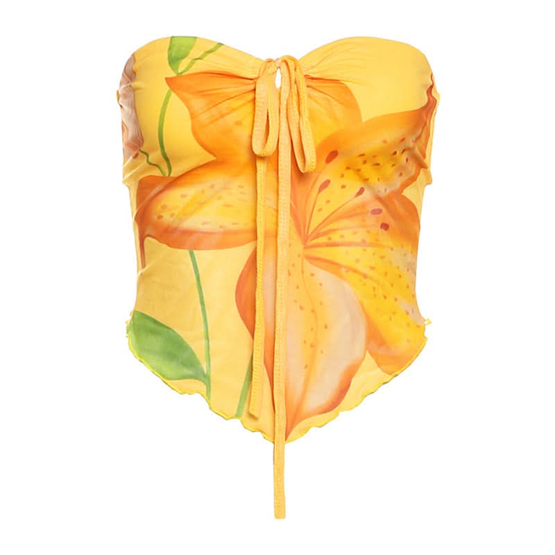 Hollow out self tie flower print ruffle tube cut out top