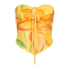 Hollow out self tie flower print ruffle tube cut out top