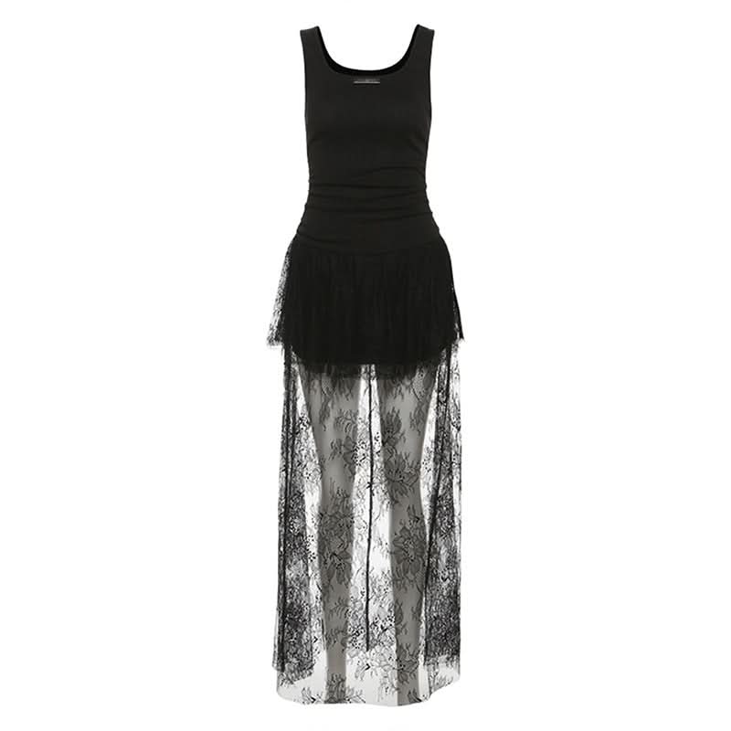 Lace metal tag u neck ruched maxi dress