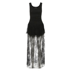 Lace metal tag u neck ruched maxi dress