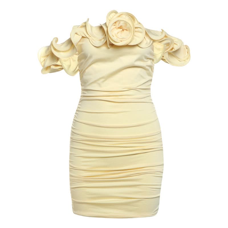 Off shoulder ruffle ruched self tie mini dress