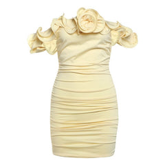 Off shoulder ruffle ruched self tie mini dress