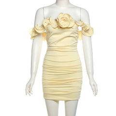 Off shoulder ruffle ruched self tie mini dress
