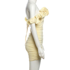 Off shoulder ruffle ruched self tie mini dress