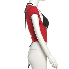 Cap sleeve self tie halter v neck crop top