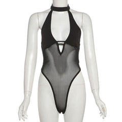 Button halter hollow out mesh v neck bodysuit